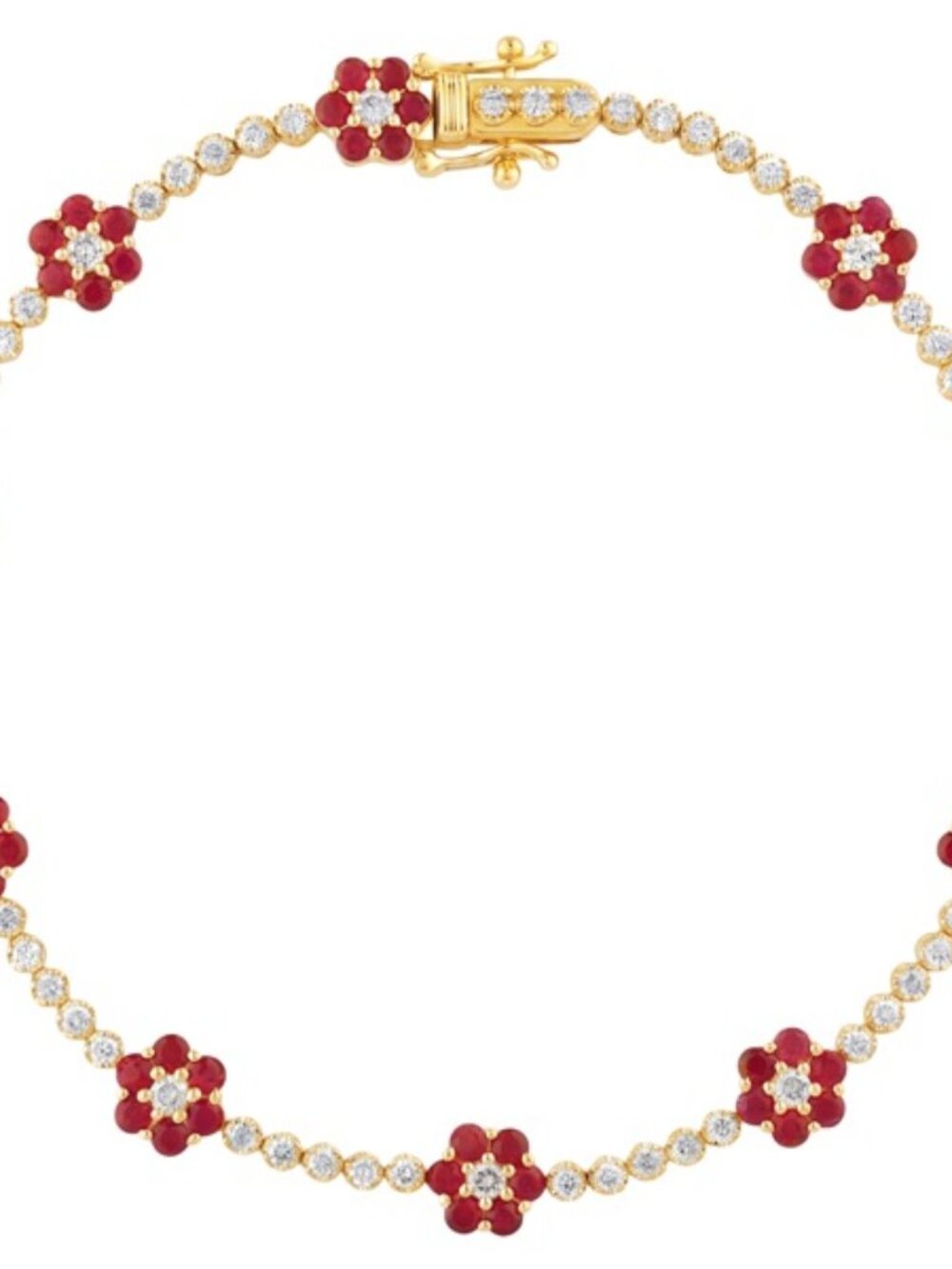3.31 Carat Natural Diamond and Ruby Flower Bracelet 14K Yellow Gold